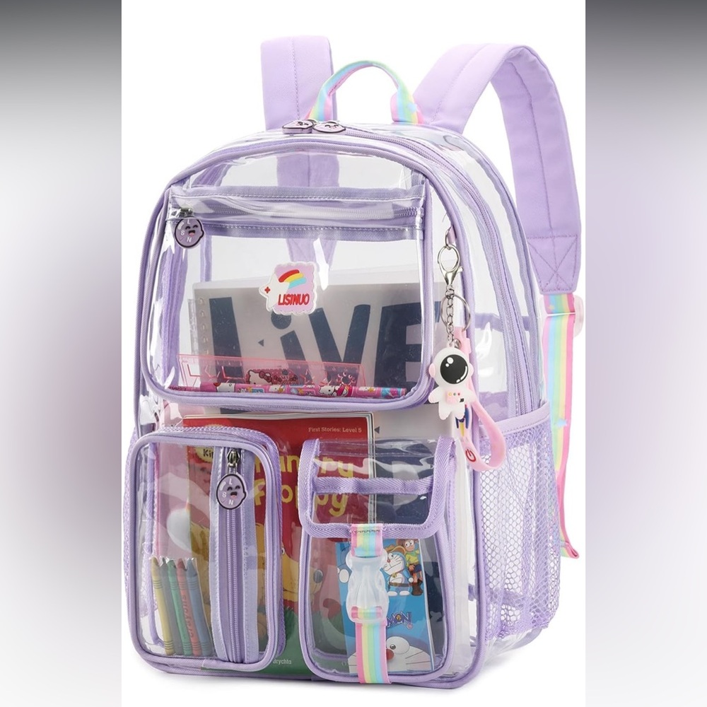 Purple Clear Backpack with Rainbow Accents heavy duty for school stadium approve